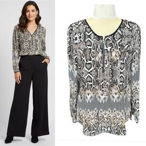 Zac & Rachel Snake Print Abstract Long Sleeve Blouse Top Black Beige Flowy